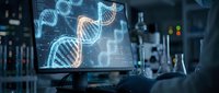 DNA double helix hologram displayed on computer monitor in modern laboratory with scientific equipment and glassware for genetic research applications.