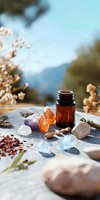 Essential oil bottle with healing crystals and dried herbs on stone surface against blurred mountain backdrop. Natural wellness and alternative medicine concept.