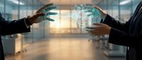 Business professionals connecting through digital technology interface with glowing data transfer visualization in modern office environment.