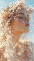 Young woman with closed eyes surrounded by delicate white baby's breath flowers and peach carnations against soft blue sky, expressing serenity and natural beauty.