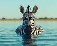 Zebra swimming in blue water during sunset, front view portrait showing distinctive stripes and ears. African wildlife in natural habitat displaying unique behavior.