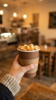 Hand holding hot chocolate with marshmallows in cozy cafe setting with warm lighting and blurred background for comfort food and beverage concepts.