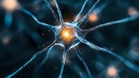 Glowing neuron cell with synaptic connections on dark background showing neural network activity and brain cell communication in medical science visualization.