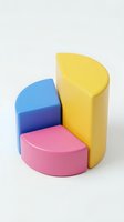 Colorful cylindrical pie chart segments in yellow, blue and pink on white background for business presentations and data visualization.