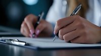 Female hands with pink manicure signing business documents with pen on desk in office setting. Close-up view shows professional paperwork process.