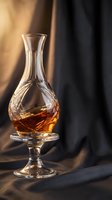 Crystal whiskey decanter with amber liquor on elegant glass stand with warm lighting and dark fabric background for luxury dining and bar concepts.