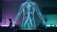Glowing neon anatomical human body with illuminated circulatory and nervous systems for medical education, healthcare technology, and scientific visualization projects.