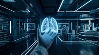 Gloved hand holding digital lungs in futuristic medical laboratory with holographic displays and advanced technology for healthcare research and diagnostics.