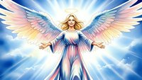 Divine angel with rainbow wings spreading arms in heavenly light rays against blue sky with clouds for spiritual and religious concepts.
