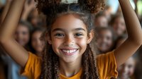 Young African American girl with curly hair and bright smile wearing yellow t-shirt expressing joy and happiness against blurred background of children. Natural lighting.