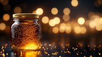 Mason jar filled with golden honey and honeycomb glowing warmly against bokeh lights background creating cozy atmospheric lighting for kitchen decor.