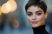 Young woman with short pixie haircut and natural makeup wearing black turtleneck sweater against blurred bokeh background, looking at camera with gentle smile.