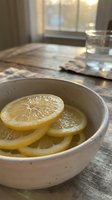 Fresh lemon slices in a ceramic bowl on a rustic wooden table with warm natural window light, evoking a cozy kitchen atmosphere.