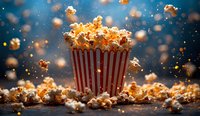 Buttery popcorn in classic red striped container with flying kernels against dark blue background, creating dynamic cinema snack scene.