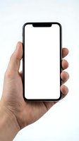 Hand holding smartphone with blank white screen mockup for app presentation and mobile interface design projects.