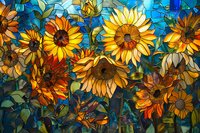 Vibrant stained glass artwork featuring golden sunflowers against deep turquoise blue background, perfect for interior design, home decor and artistic inspiration projects.