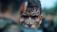 Intense close-up portrait of young male soldier with mud-covered face and piercing blue eyes during military training exercise, showing determination and focus.