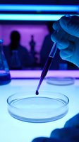 Scientist in laboratory conducting research with pipette dropping sample into petri dish under neon blue and purple lighting for scientific study.