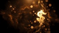 Golden dollar sign glowing with magical light effects and bokeh particles on dark background for finance and wealth concepts.