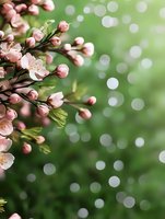 Delicate pink cherry blossoms and buds against blurred green background with bokeh light effects, creating soft spring atmosphere for nature designs.