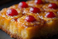 Upside-down cake with caramelized pineapple rings and maraschino cherries on top, golden-brown sponge cake base, glossy fruit topping, close-up food photography.