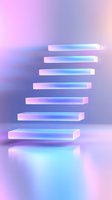 Glowing neon steps floating in pink and blue gradient space create futuristic stairway effect with soft ethereal lighting and reflective surfaces.