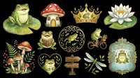Watercolor frog clipart set isolated on transparent background, featuring frogs, mushrooms, lily pads, crown, dragonfly, and more. Great for stickers, t-shirt design, print on demand.