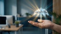 Glowing umbrella hologram floating above open hand in modern office workspace, symbolizing protection, insurance, and security solutions for business concepts.