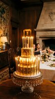 Luxurious three-tier gold leaf cake with lit candles on crystal stand in elegant dining room during celebration.