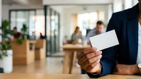 Professional man in dark suit holding blank white business card in modern office environment with colleagues working in background.