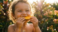 Young child with curly blonde hair eating fresh corn on the cob outdoors in a sunny garden setting, enjoying summer harvest and natural produce.