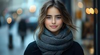 Young woman wearing cozy gray scarf and black sweater smiling at camera on blurred urban background with warm bokeh lights during winter evening.