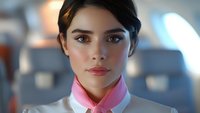 Young female flight attendant with dark hair and professional makeup wearing pink neck scarf and white uniform, looking directly at camera in airplane cabin interior.