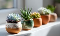 Row of potted succulents and cacti in decorative ceramic pots on windowsill, creating a minimalist indoor garden display with natural light.