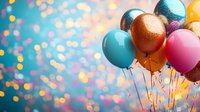 Festive balloons in pink, blue, gold and copper colors against blurred bokeh background with magical sparkle lights creating celebratory atmosphere.