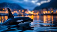 Majestic orca whale surfacing in calm ocean waters at twilight with mountain silhouettes and warm city lights reflecting on water creating serene marine wildlife scene.