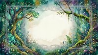 Enchanted forest frame with mystical foliage, vines and magical plants creating ornate border for fairy tale designs and fantasy artwork.