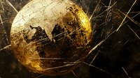 Cracked golden sphere with abstract textured surface against dark background, illuminated with dramatic lighting creates mysterious atmospheric composition.