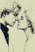 Intimate pen and ink sketch of couple in tender moment with flowing hair and expressive linework on textured paper background for romantic design projects.