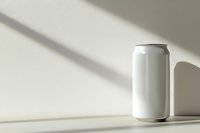White aluminum beverage can mockup on light surface with diagonal shadow. Clean minimal composition for product design and branding presentation.