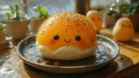 Cute smiling burger bun with sesame seeds on ceramic plate, soft morning light through window, cozy kitchen atmosphere with potted plants in background.