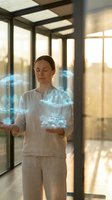 Young Caucasian woman practicing meditation with glowing blue holographic energy visualization in modern glass room during golden hour sunrise.