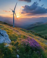 Wind turbine on mountain ridge with purple wildflowers in foreground against dramatic sunset sky and rolling hills, showcasing sustainable energy and natural landscape.