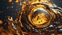 Dramatic liquid coffee splash creating spiral motion with golden brown tones and dark droplets against black background, captured in macro photography.