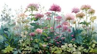 Watercolor wildflower meadow with pink and white blooms on stems, soft botanical illustration for spring garden designs and nature-themed projects.