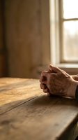 Elderly hands clasped in prayer on wooden table with warm sunlight streaming through window creating peaceful spiritual moment for meditation and faith.