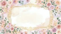Ornate gold frame with watercolor roses, peonies, and eucalyptus leaves on cream background. Isolated design element for invitations, cards, and wedding stationery projects.