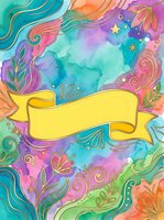 Colorful watercolor background with decorative swirls, flourishes, and botanical elements surrounding a blank yellow banner ribbon. Perfect for greeting cards, posters, and social media designs.