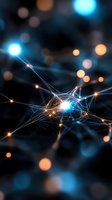 Abstract network of glowing blue and orange light connections on dark background with bokeh effects, representing neural networks and digital connectivity.
