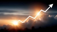 Rising arrow chart over dramatic sunset sky with clouds showing business growth and financial success in corporate achievement concept.